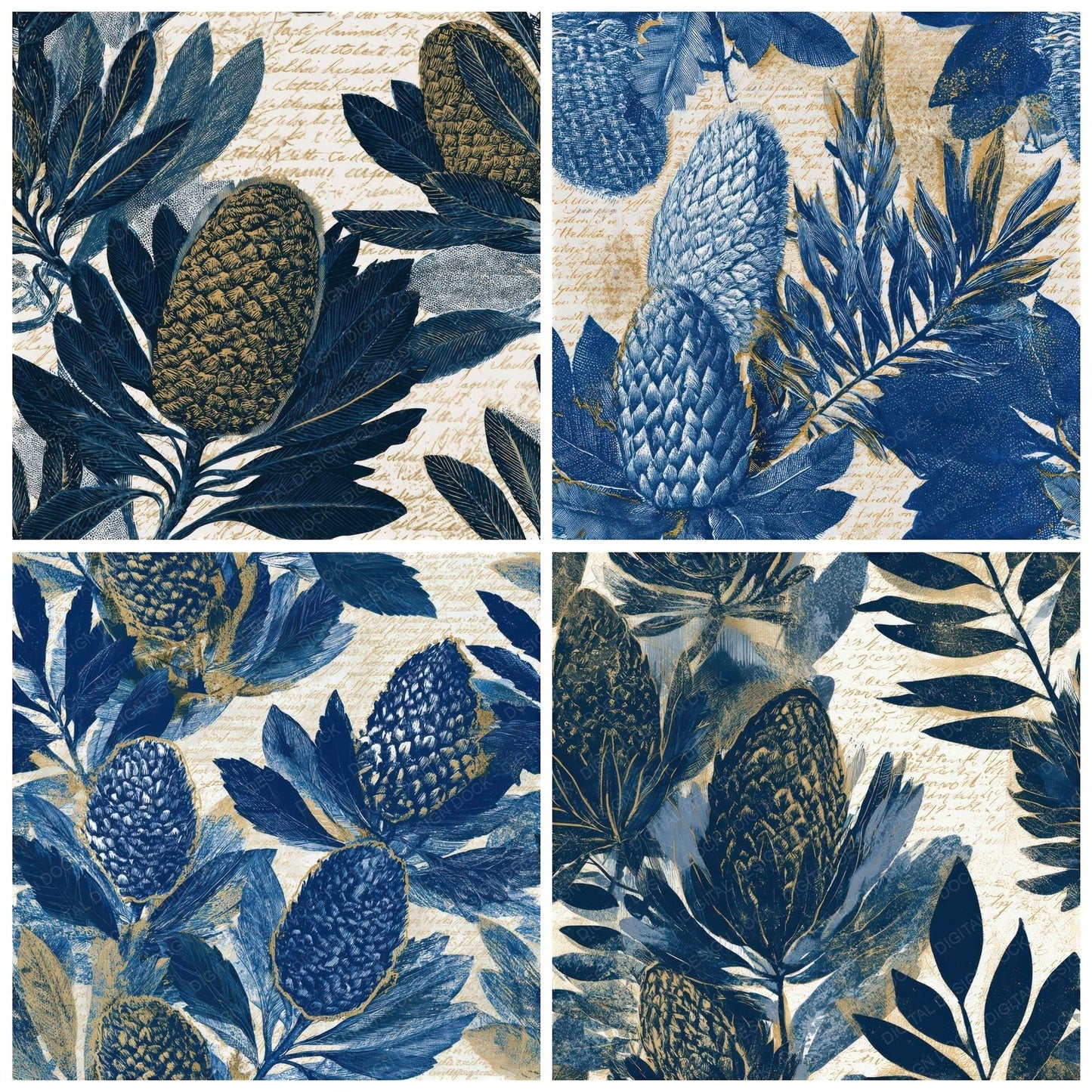 Etching Banksia Indigo Ivory Seamless Digital Paper Pack (DDD013507)