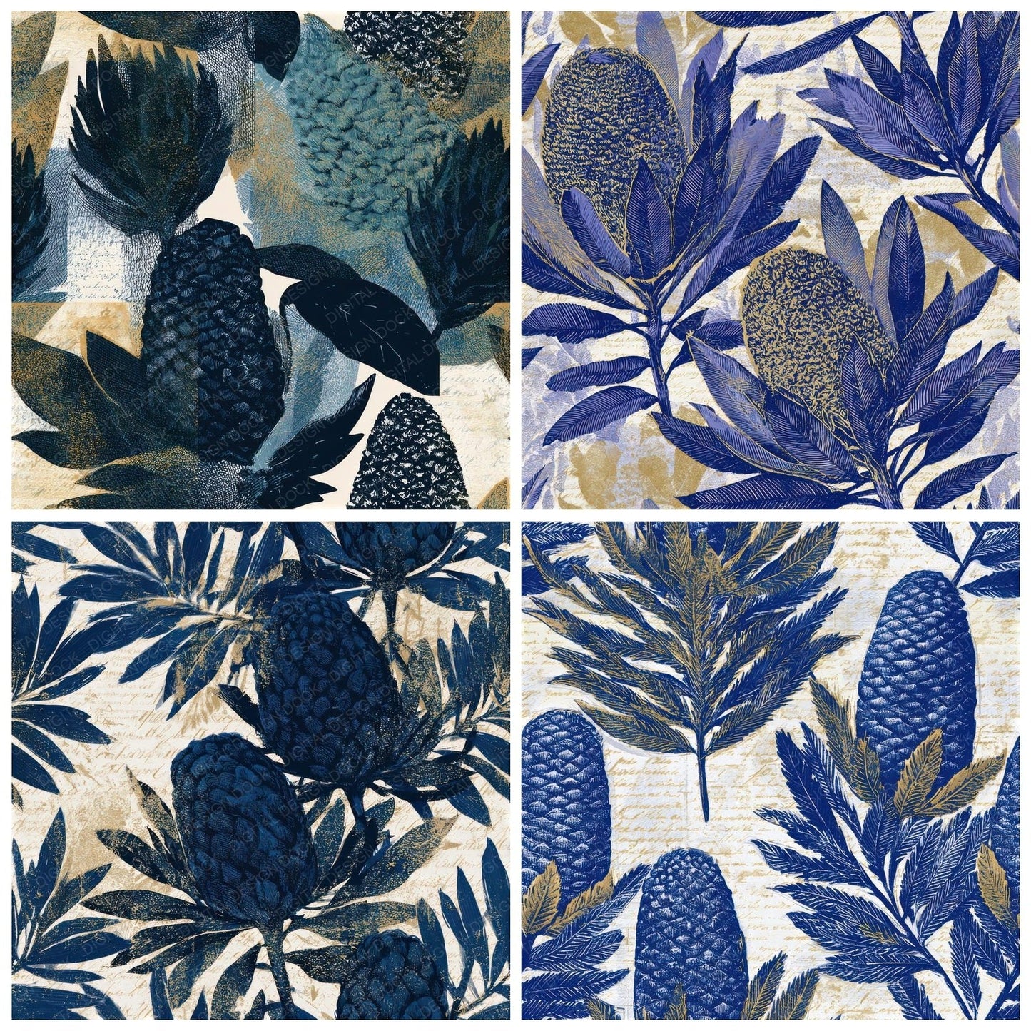 Etching Banksia Indigo Ivory Seamless Digital Paper Pack (DDD013507)