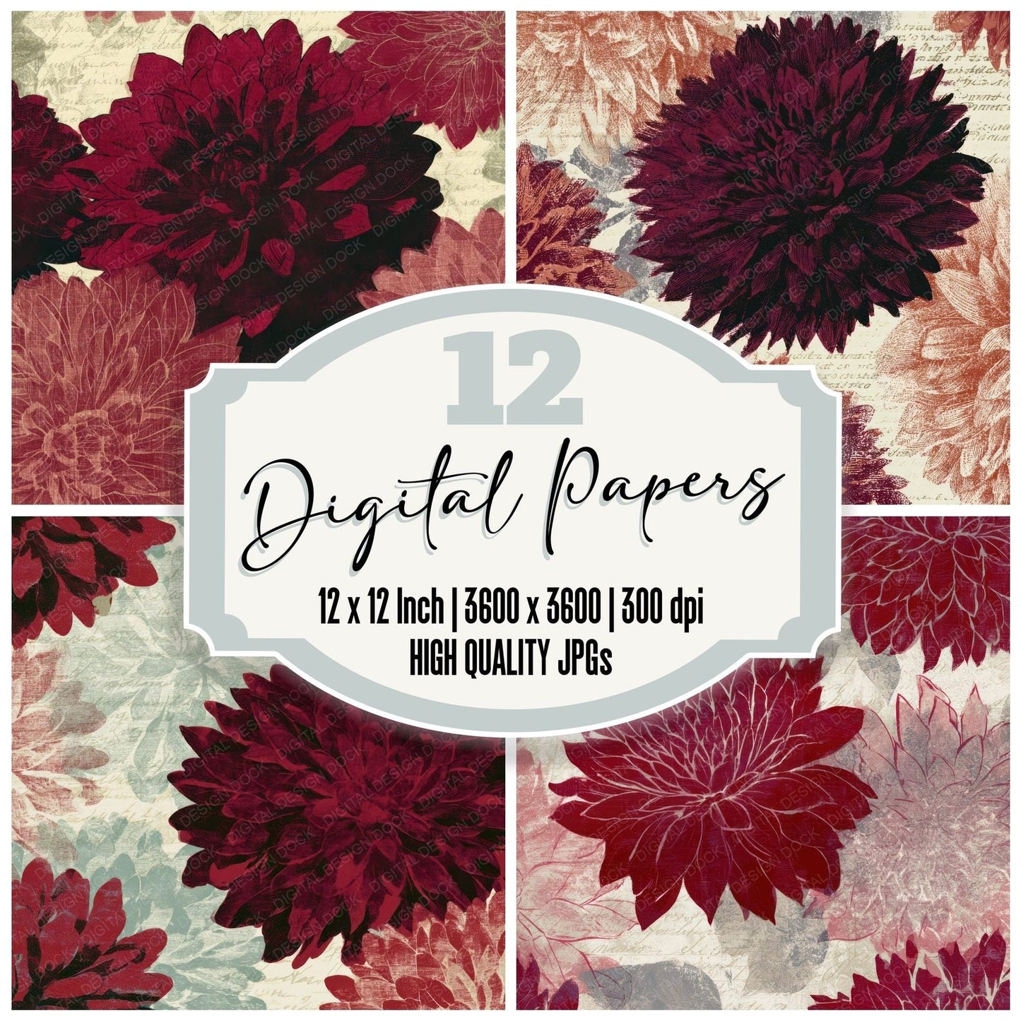 Etching Dahlias Garnet Wine Digital Paper Pack (DDD013508)