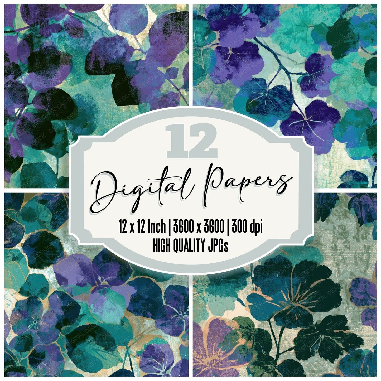 Screenprint Violets Mint Jade Digital Paper Pack (DDD013518)