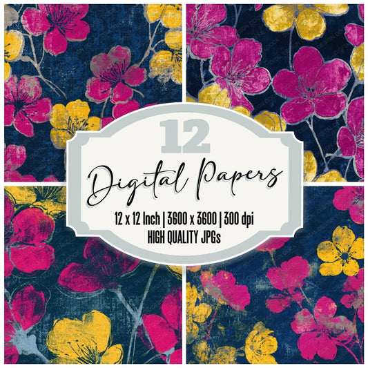 Woodblock Cherry Blossom Pink Yellow Navy Digital Paper Pack (DDD013521)