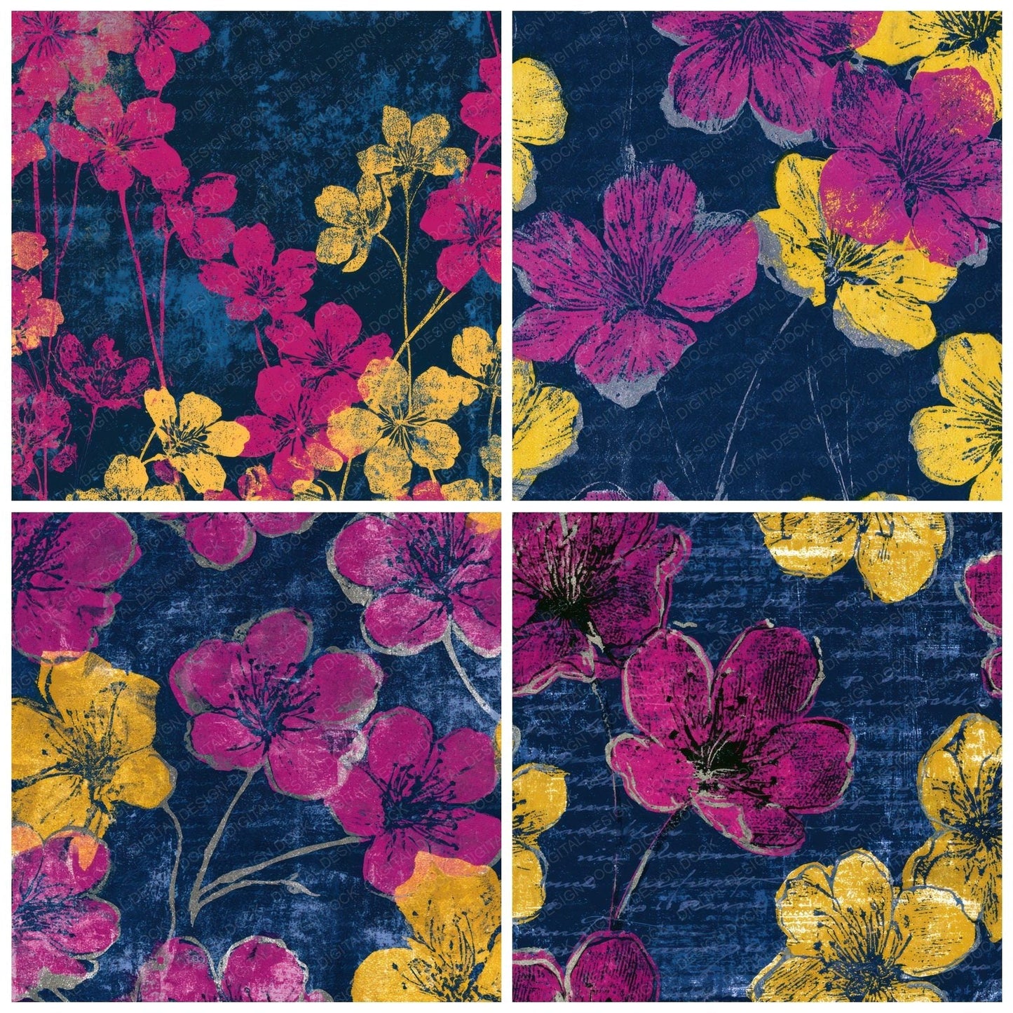 Woodblock Cherry Blossom Pink Yellow Navy Digital Paper Pack (DDD013521)