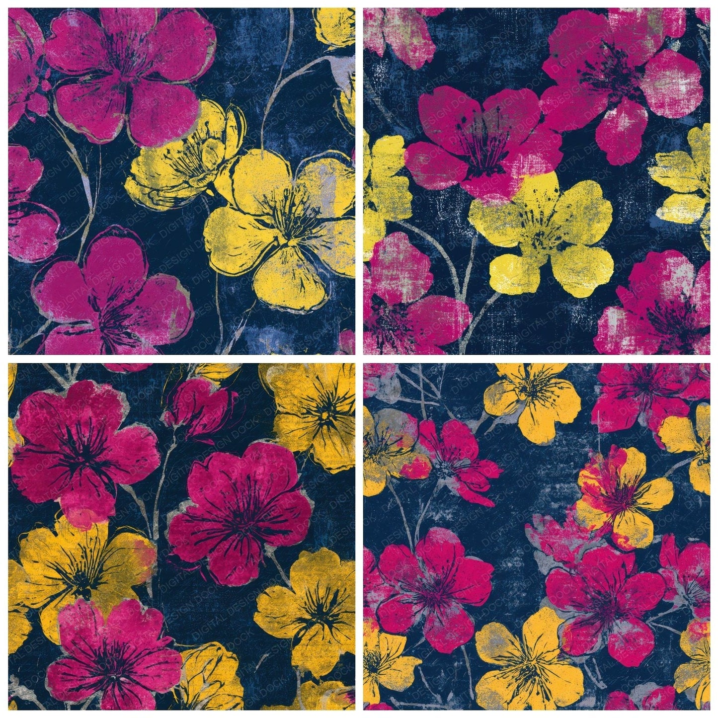 Woodblock Cherry Blossom Pink Yellow Navy Digital Paper Pack (DDD013521)