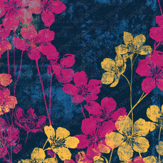 Woodblock Cherry Blossom Pink Yellow Navy Digital Paper Pack (DDD013521)