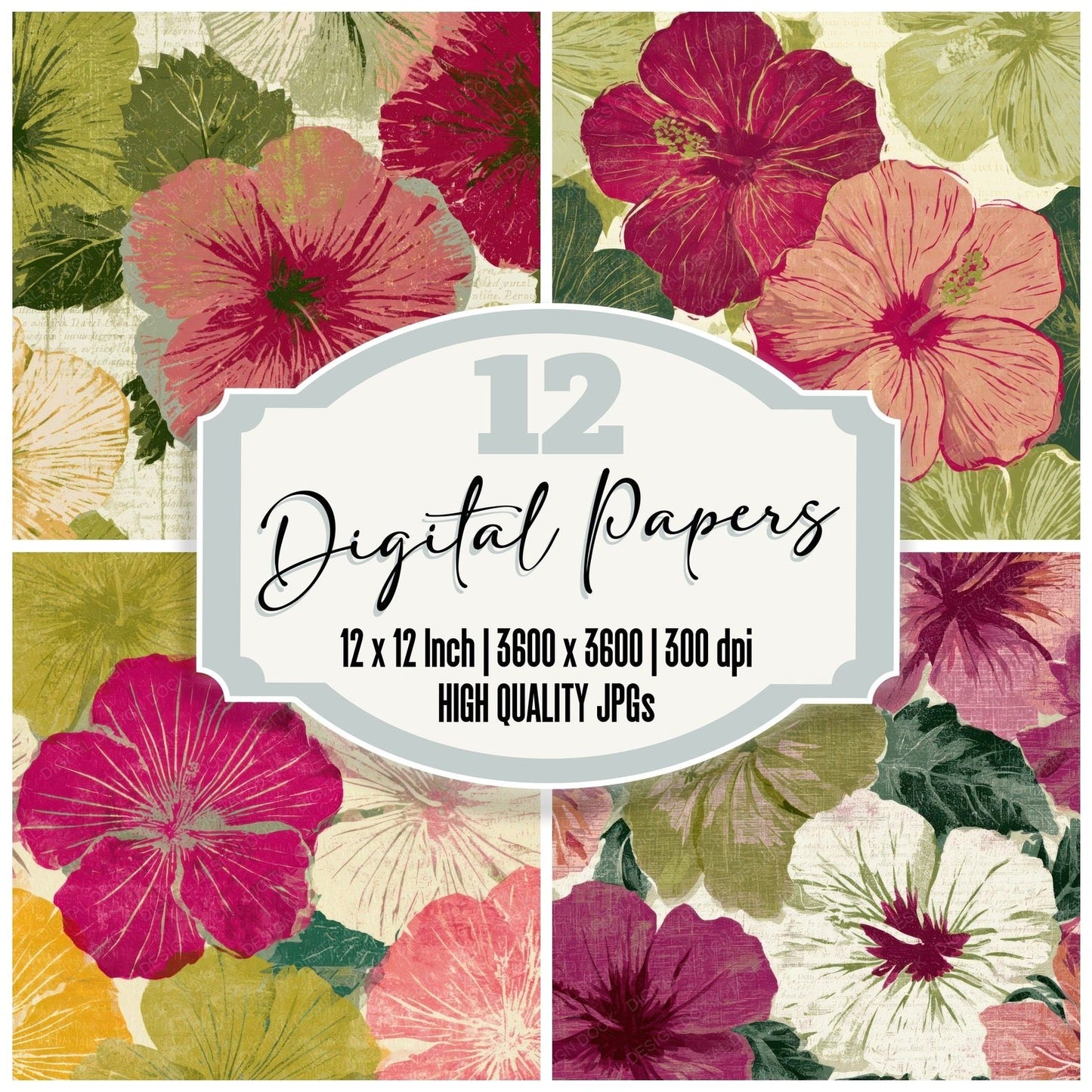 Woodblock Hibiscus Pistachio Raspberry Digital Paper Pack (DDD013522)