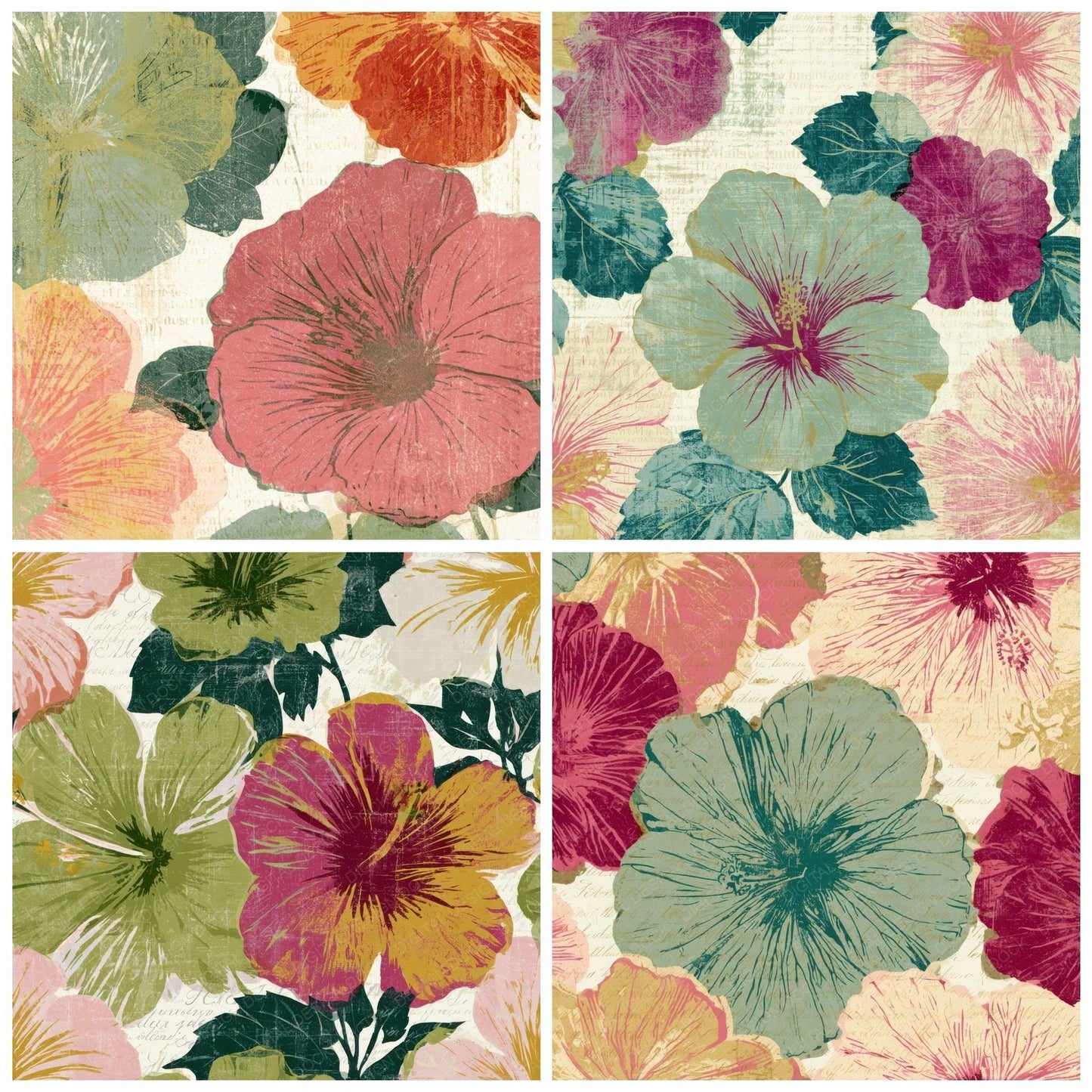 Woodblock Hibiscus Pistachio Raspberry Digital Paper Pack (DDD013522)