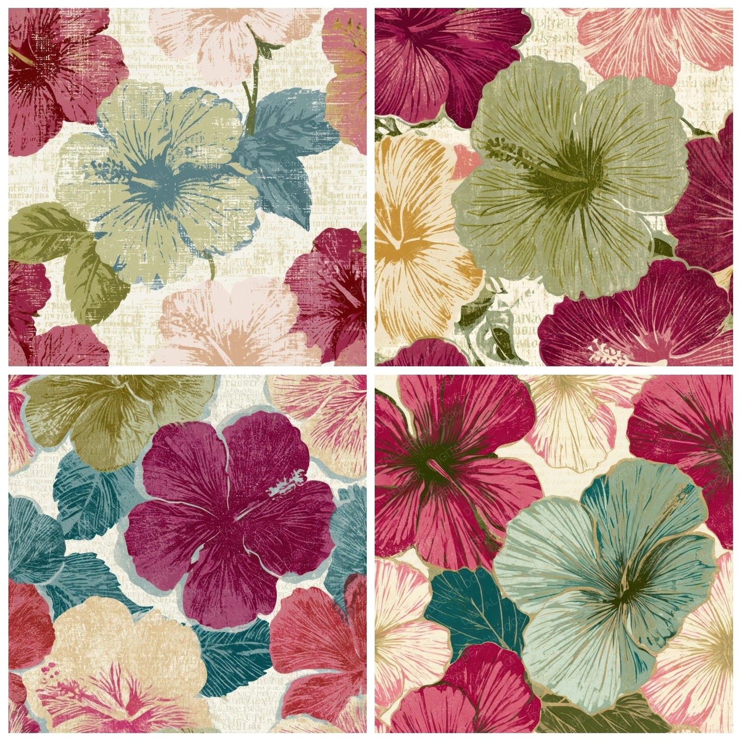Woodblock Hibiscus Pistachio Raspberry Digital Paper Pack (DDD013522)
