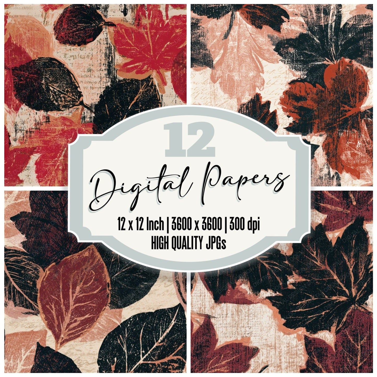 Woodcut Autumn Leaves Oxblood Seamless Digital Paper Pack (DDD013523)