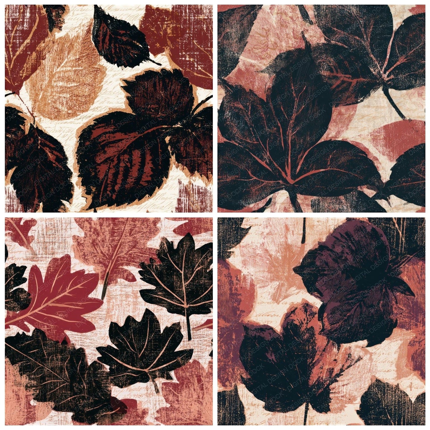 Woodcut Autumn Leaves Oxblood Seamless Digital Paper Pack (DDD013523)