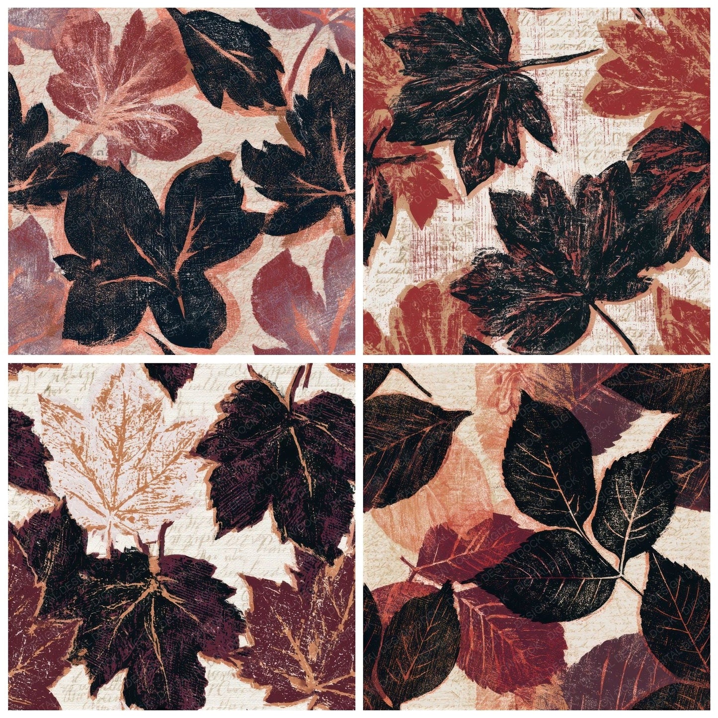 Woodcut Autumn Leaves Oxblood Seamless Digital Paper Pack (DDD013523)
