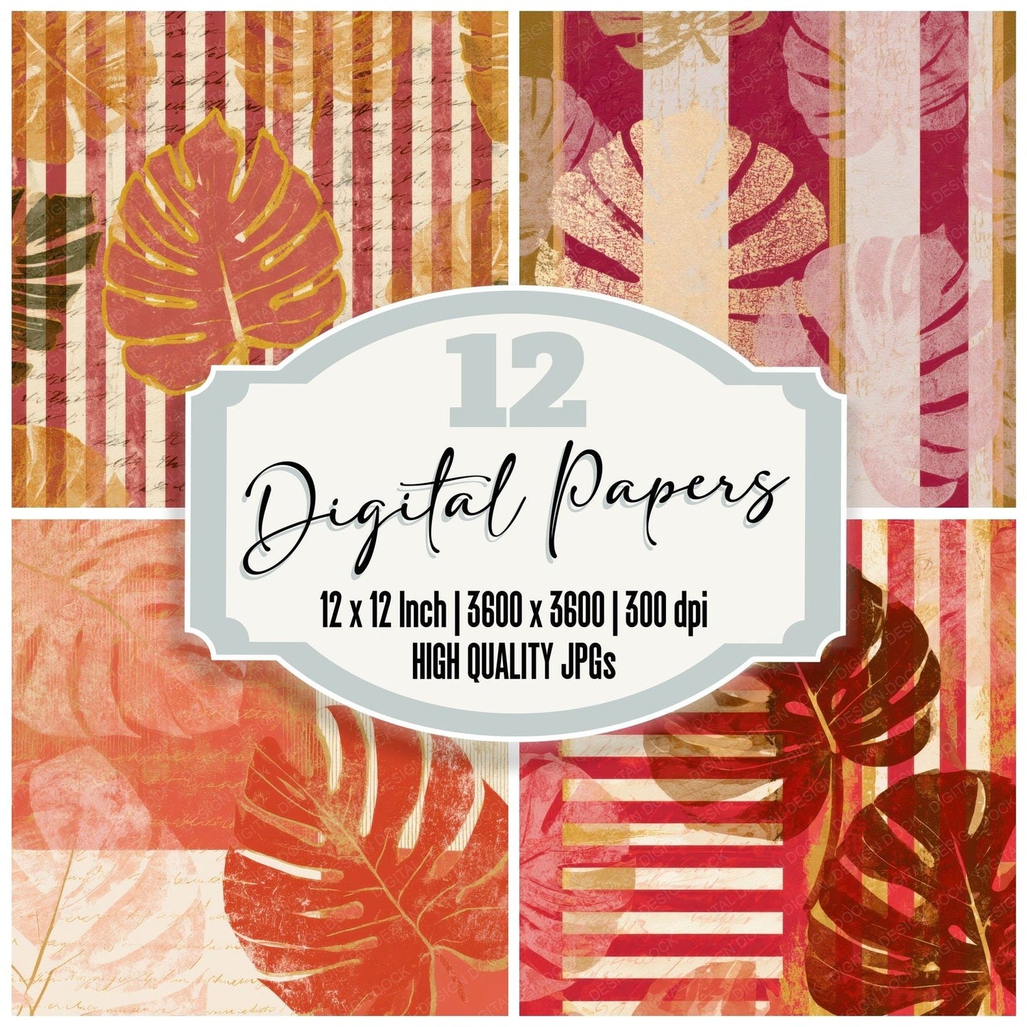 Blueprint Monstera Candy Red Cream Digital Paper Pack (DDD013526)