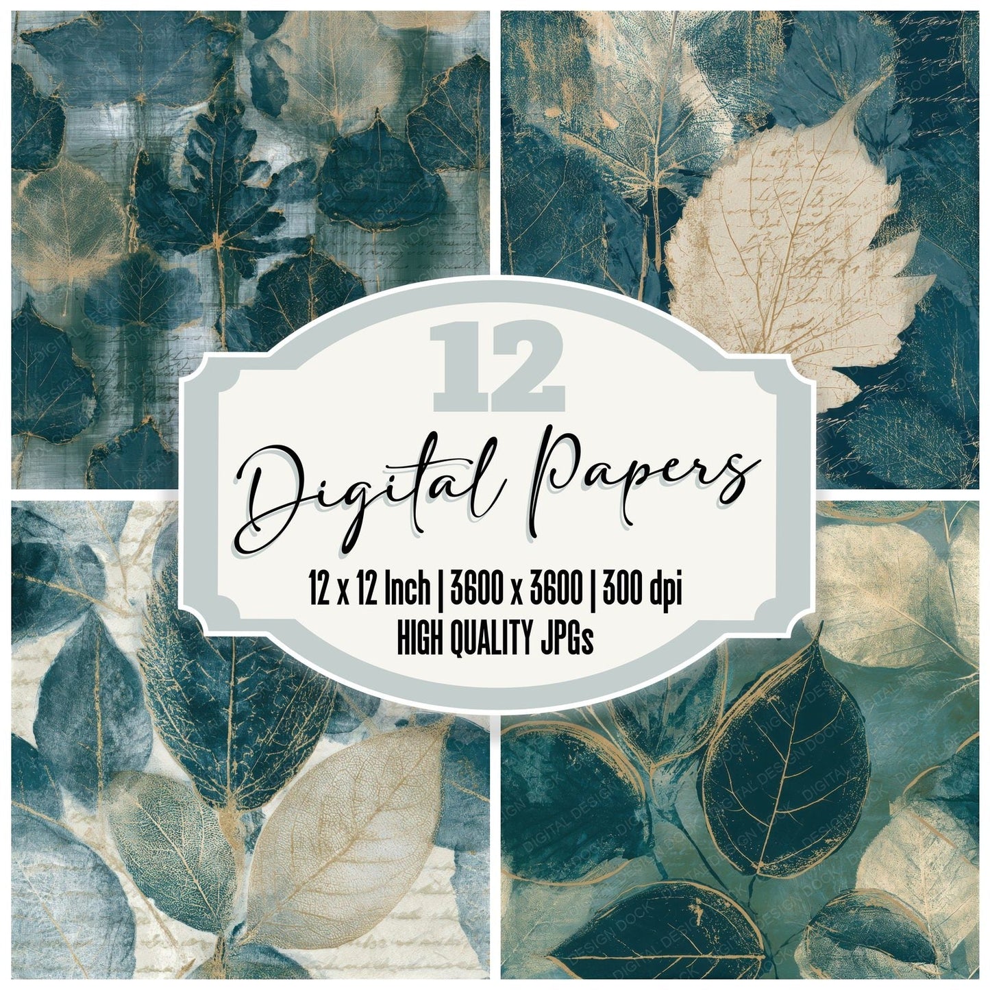 Etching Pressed Leaves Teal Bone Seamless Digital Paper Pack (DDD013530)