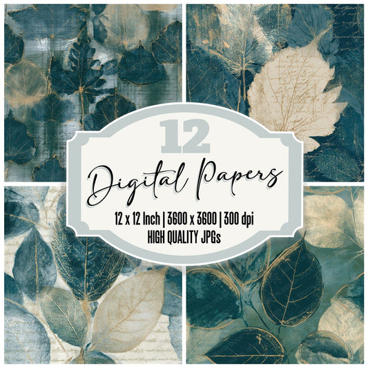 Etching Pressed Leaves Teal Bone Seamless Digital Paper Pack (DDD013530)
