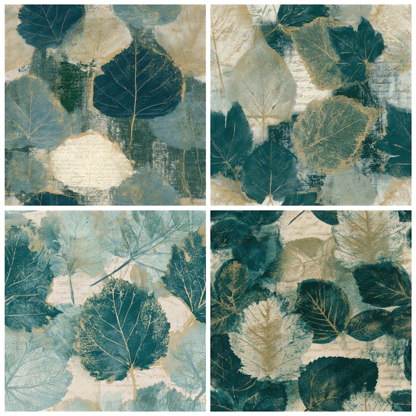 Etching Pressed Leaves Teal Bone Seamless Digital Paper Pack (DDD013530)
