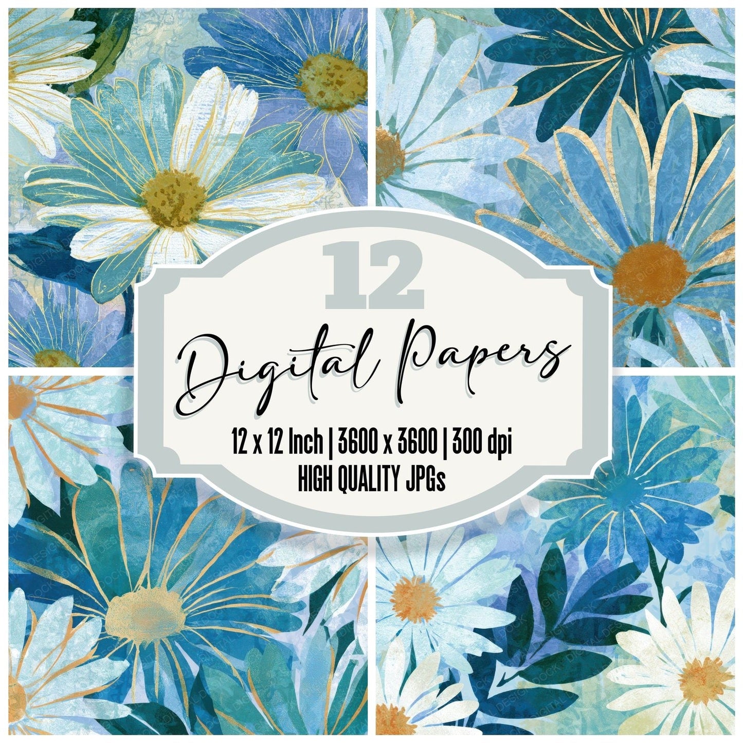 Letterpress Daisies Seafoam Pearl Digital Paper Pack (DDD013532)