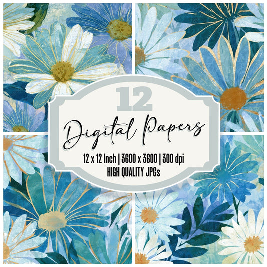 Letterpress Daisies Seafoam Pearl Digital Paper Pack (DDD013532)