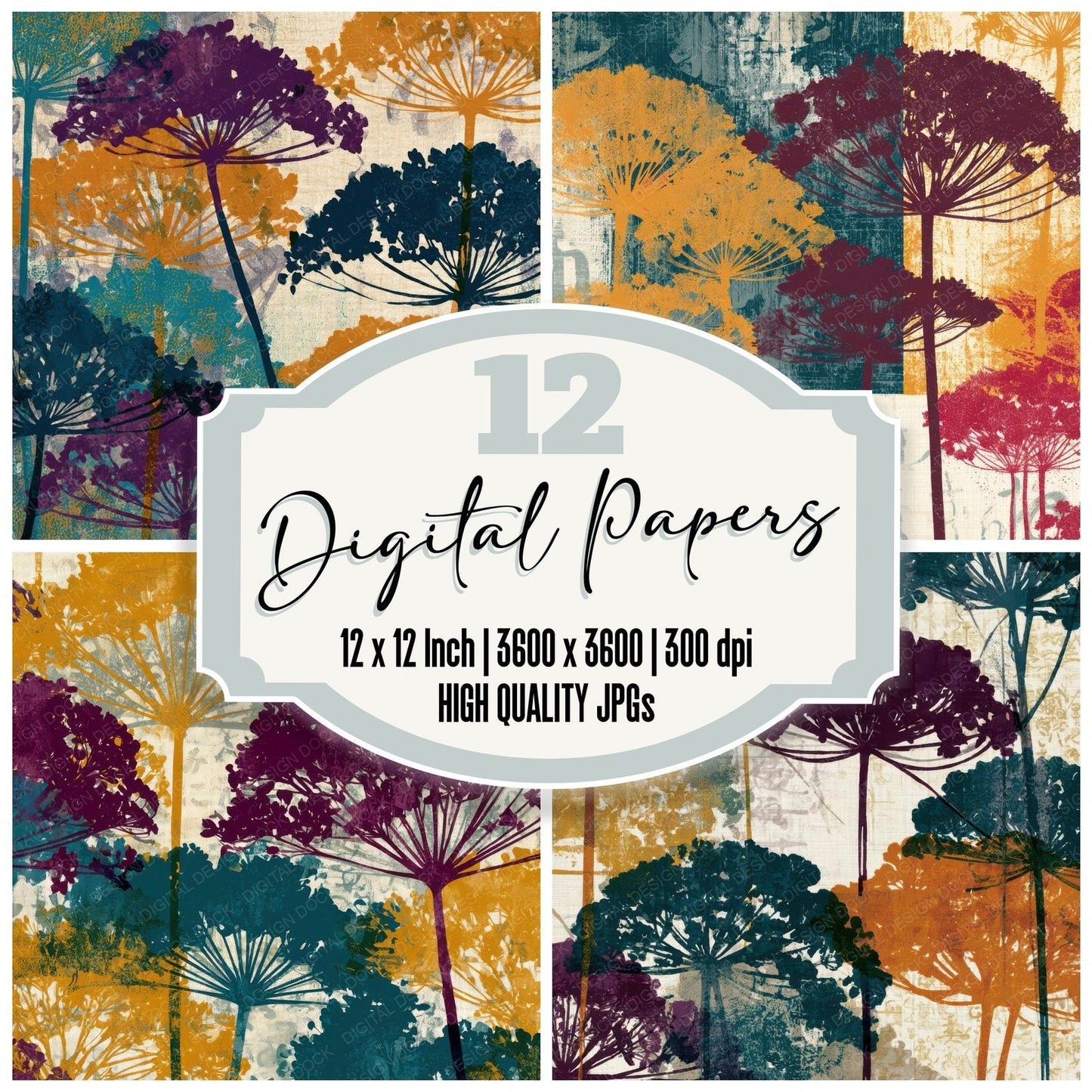 Screenprint Queen Annes Lace Ochre Plum Teal Digital Paper Pack (DDD013537)