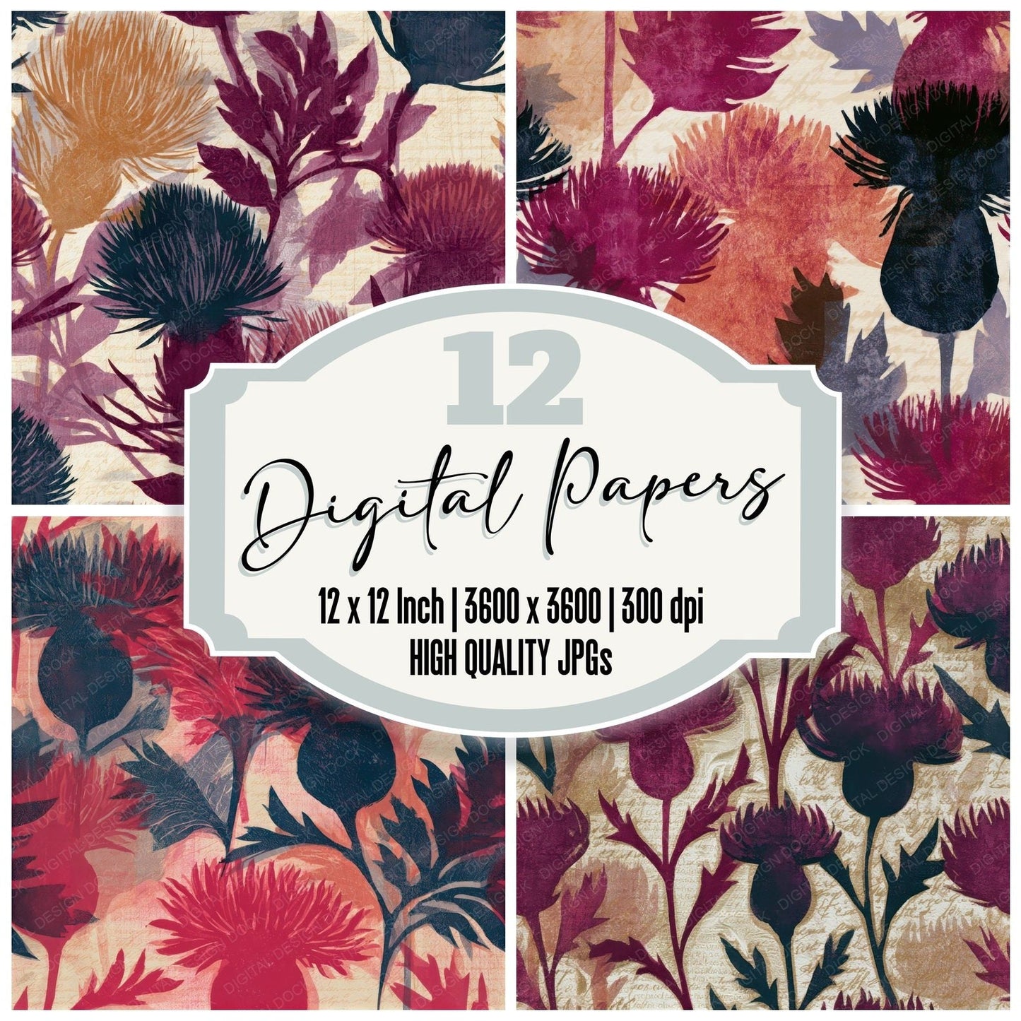 Woodblock Thistle Cherry Currant Seamless Digital Paper Pack (DDD013539)