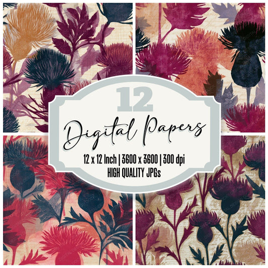 Woodblock Thistle Cherry Currant Seamless Digital Paper Pack (DDD013539)