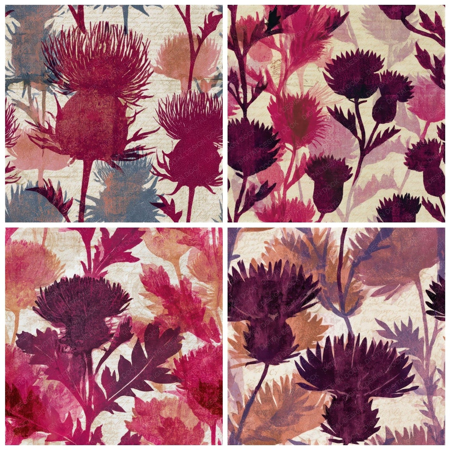 Woodblock Thistle Cherry Currant Seamless Digital Paper Pack (DDD013539)