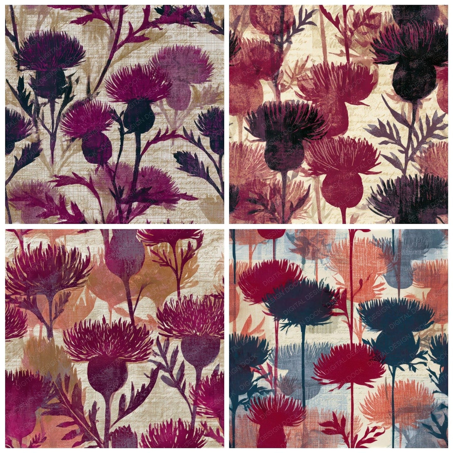 Woodblock Thistle Cherry Currant Seamless Digital Paper Pack (DDD013539)