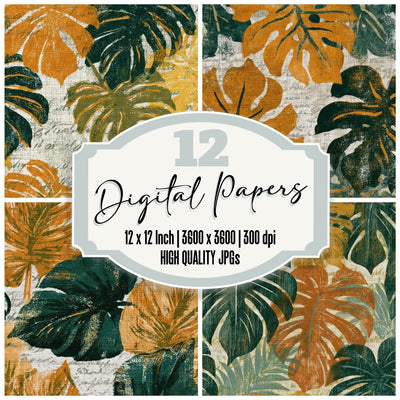 Woodcut Philodendron Amber Forest Digital Paper Pack (DDD013542)