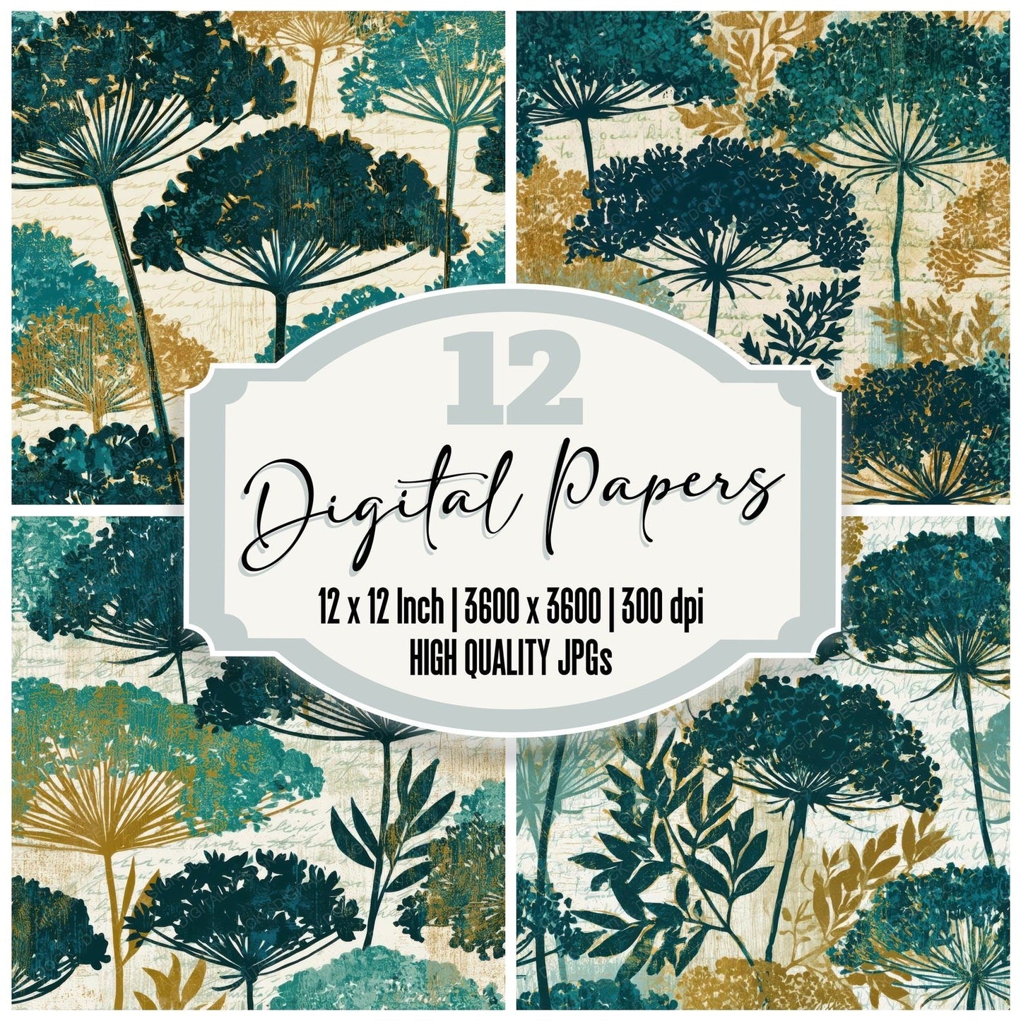 Woodcut Queen Annes Lace Malachite Teal Digital Paper Pack (DDD013543)