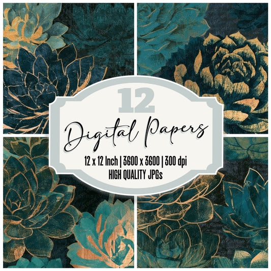 Woodcut Succulents Teal Brass Digital Paper Pack (DDD013544)