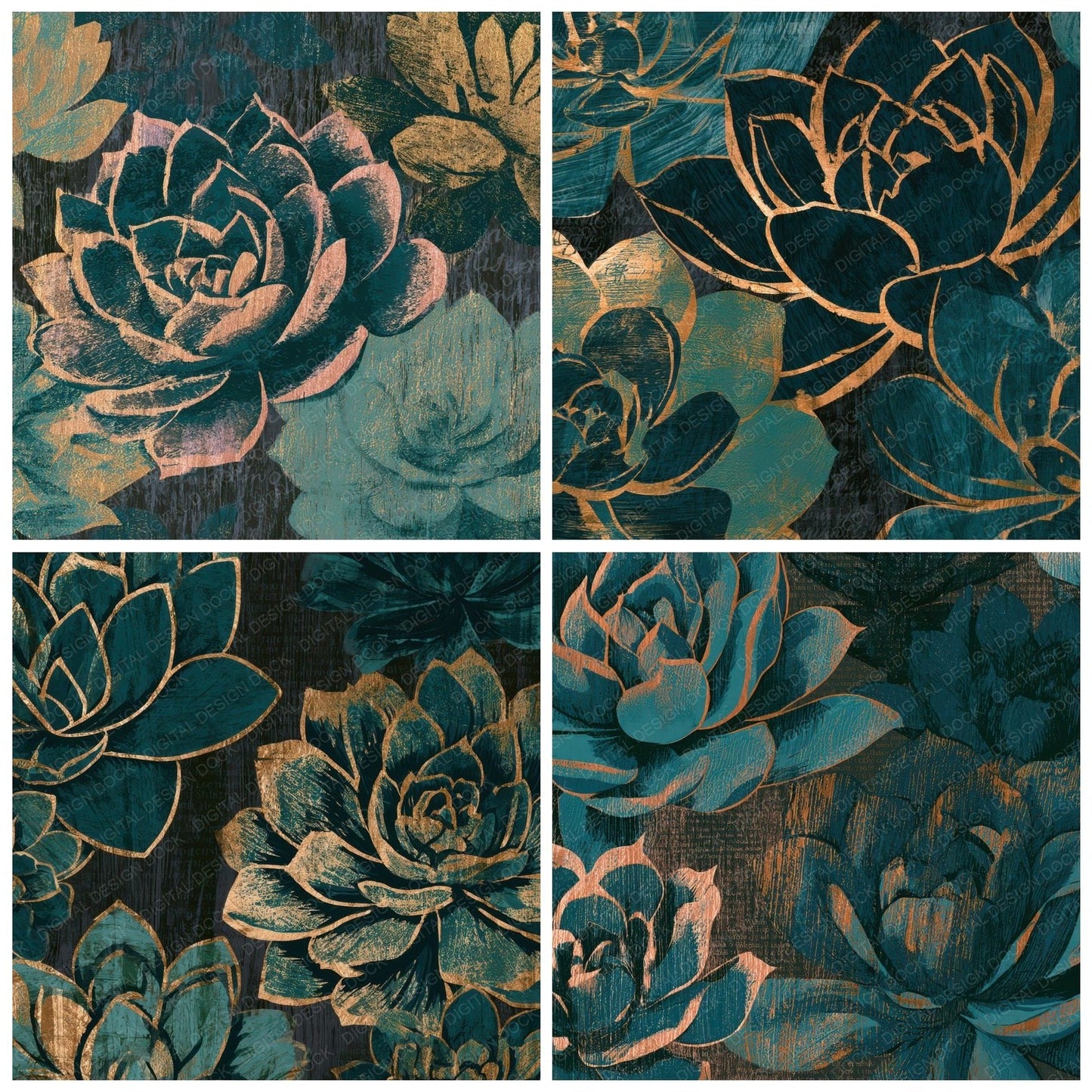 Woodcut Succulents Teal Brass Digital Paper Pack (DDD013544)