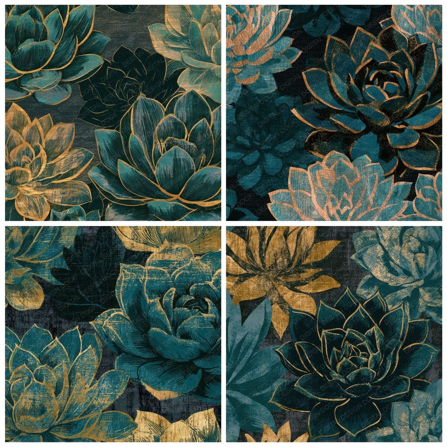 Woodcut Succulents Teal Brass Digital Paper Pack (DDD013544)