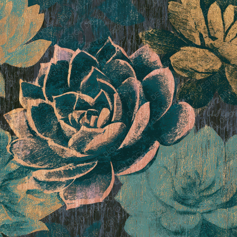 Woodcut Succulents Teal Brass Digital Paper Pack (DDD013544)