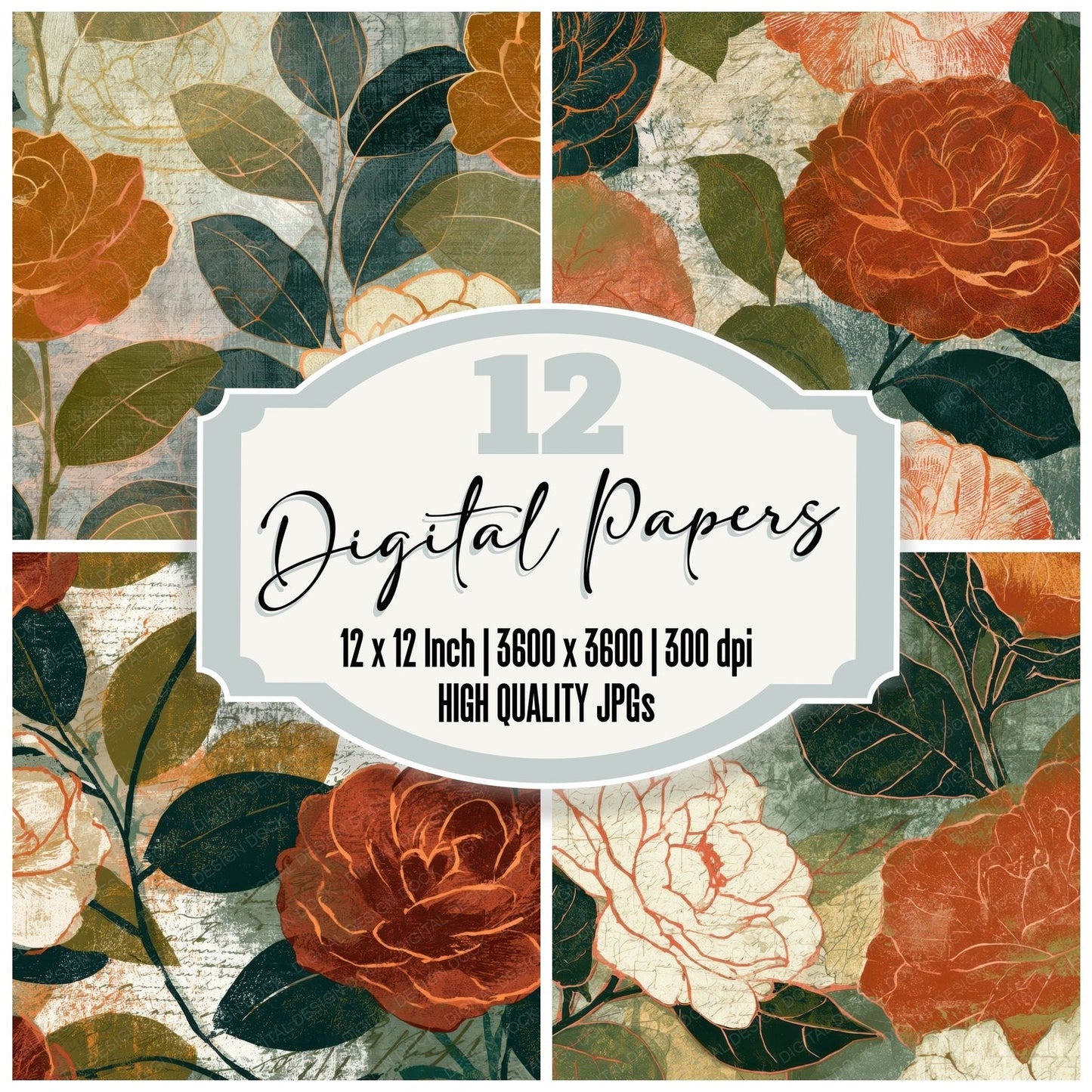 Etching Camellias Terracotta Olive Digital Paper Pack (DDD013549)