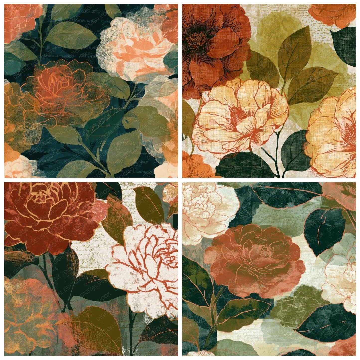 Etching Camellias Terracotta Olive Digital Paper Pack (DDD013549)