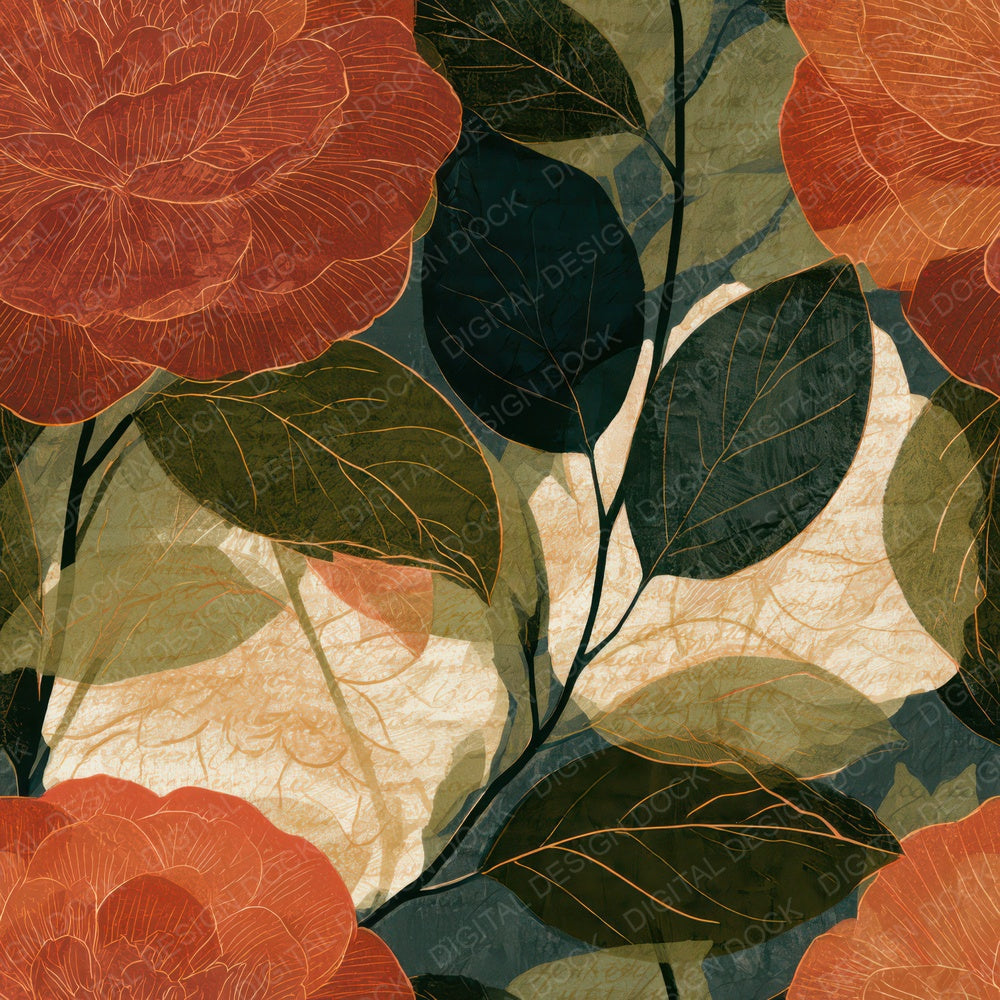 Etching Camellias Terracotta Olive Digital Paper Pack (DDD013549)