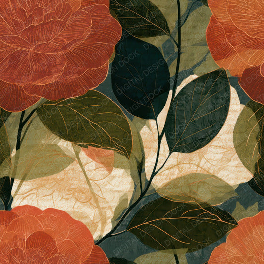 Etching Camellias Terracotta Olive Digital Paper Pack (DDD013549)