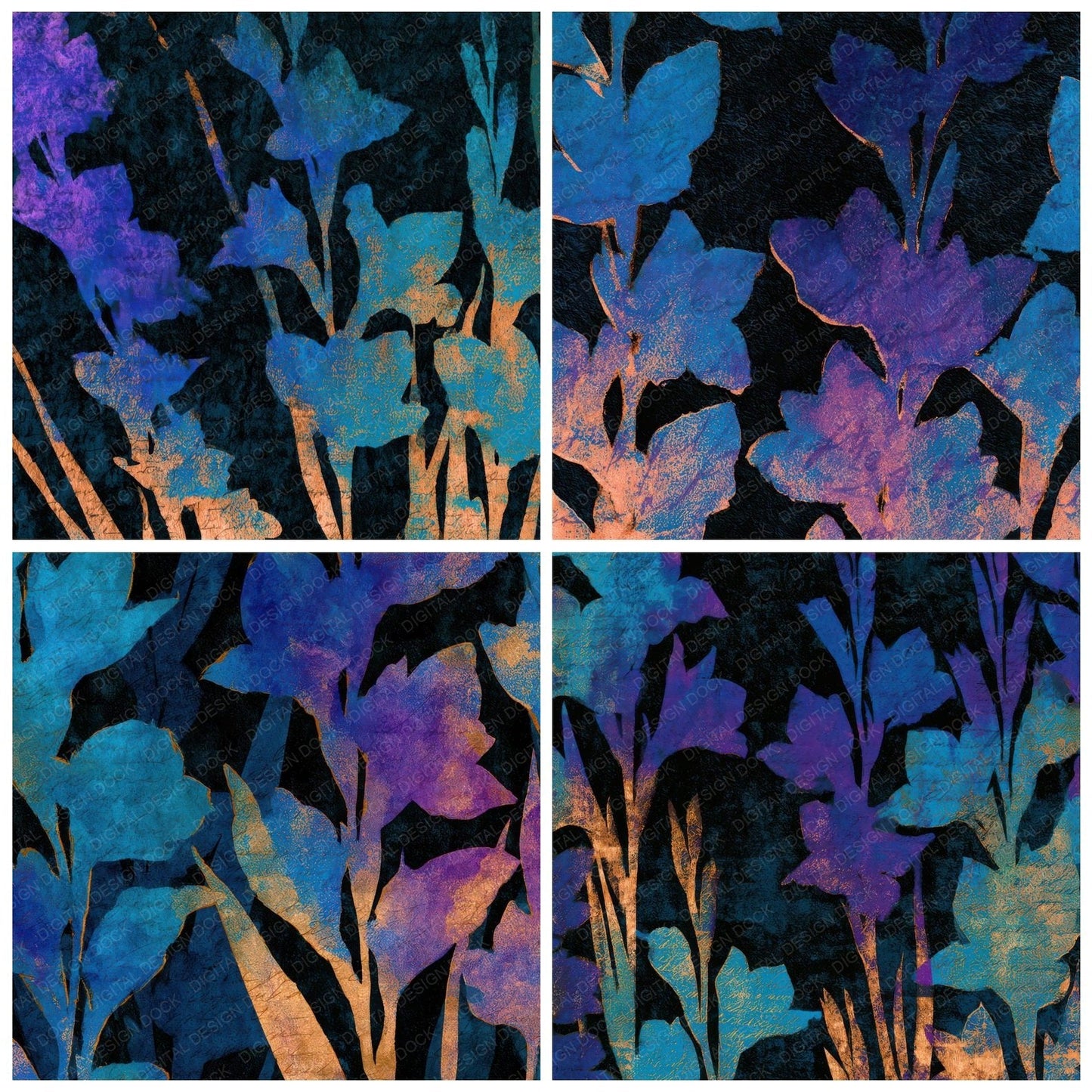 Letterpress Gladioli Cyan Violet Digital Paper Pack (DDD013552)