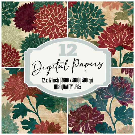 Papercut Chrysanthemums Malachite Burgundy Digital Paper Pack (DDD013553)