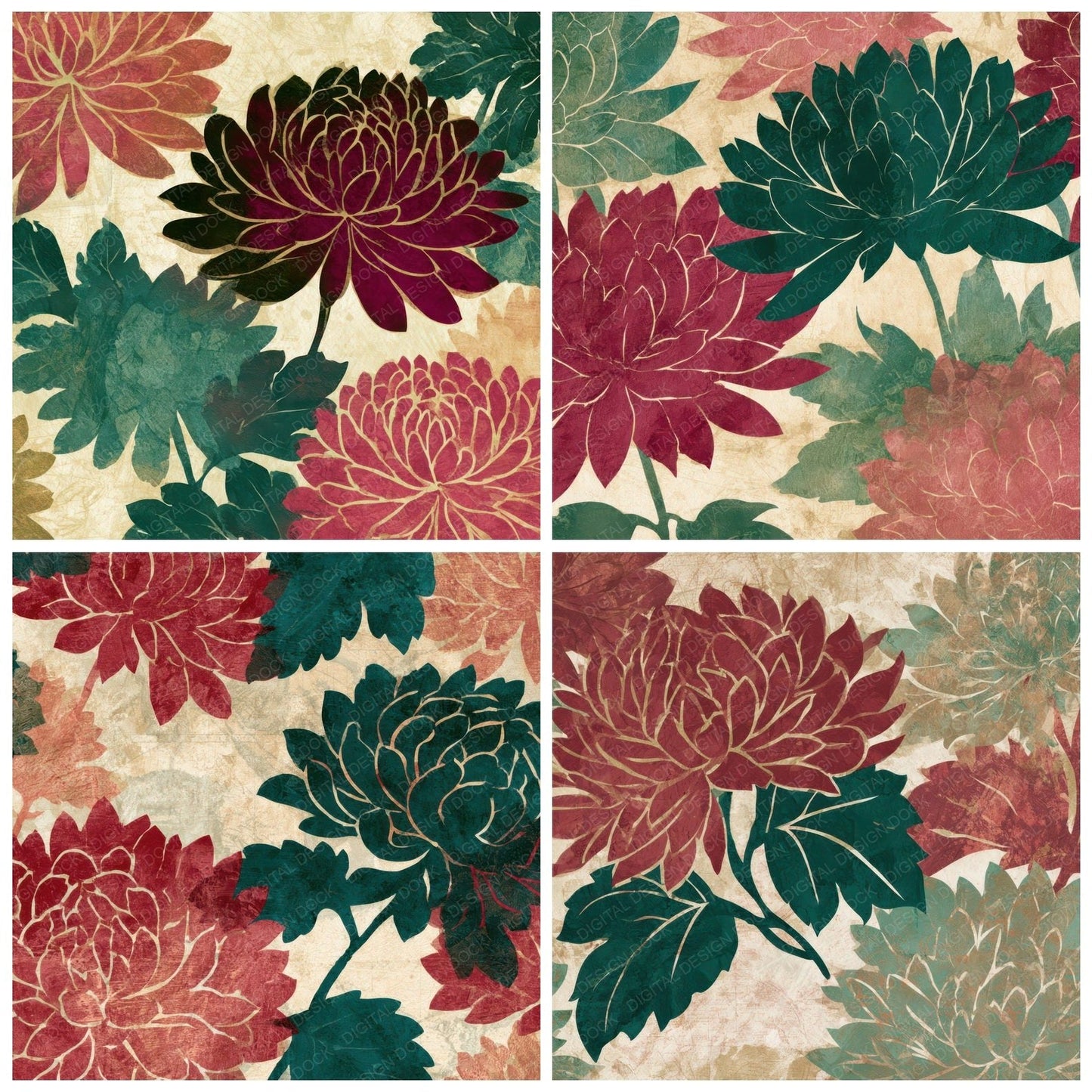 Papercut Chrysanthemums Malachite Burgundy Digital Paper Pack (DDD013553)