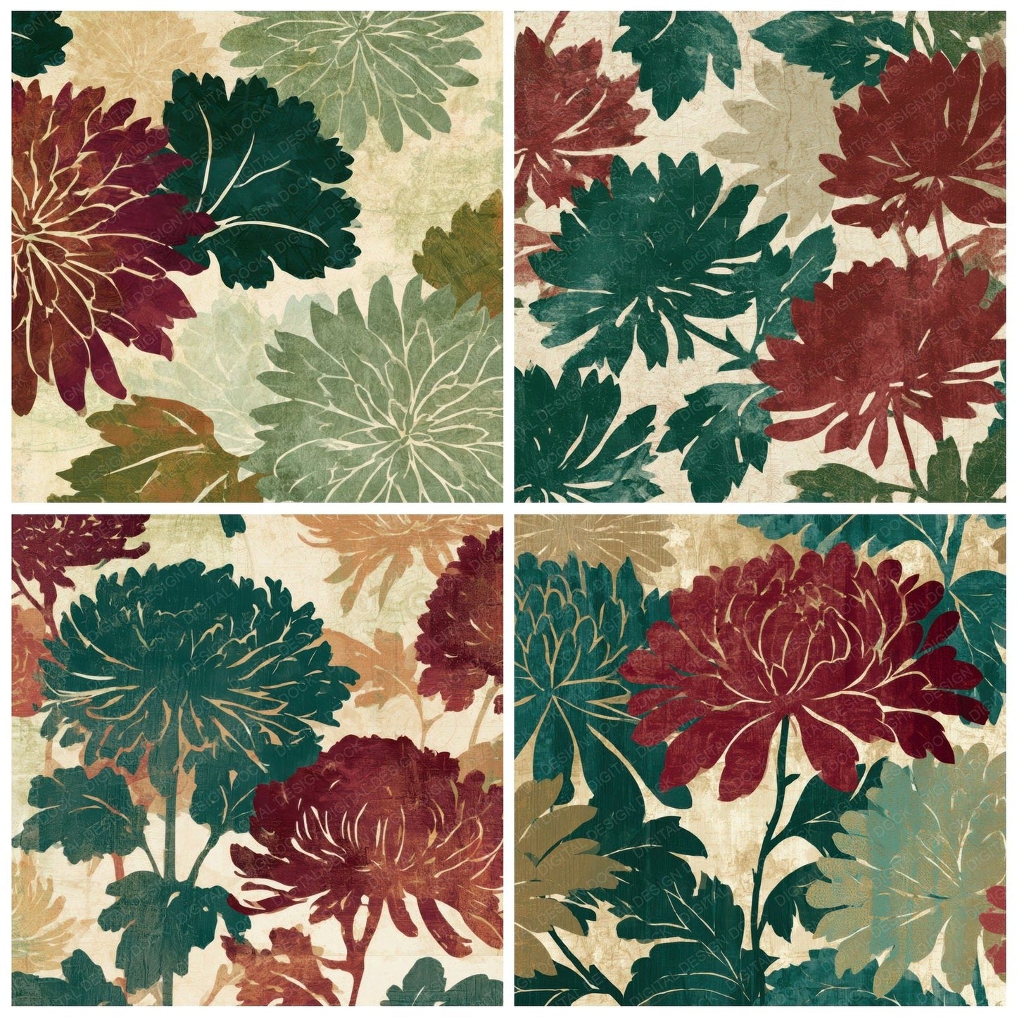 Papercut Chrysanthemums Malachite Burgundy Digital Paper Pack (DDD013553)