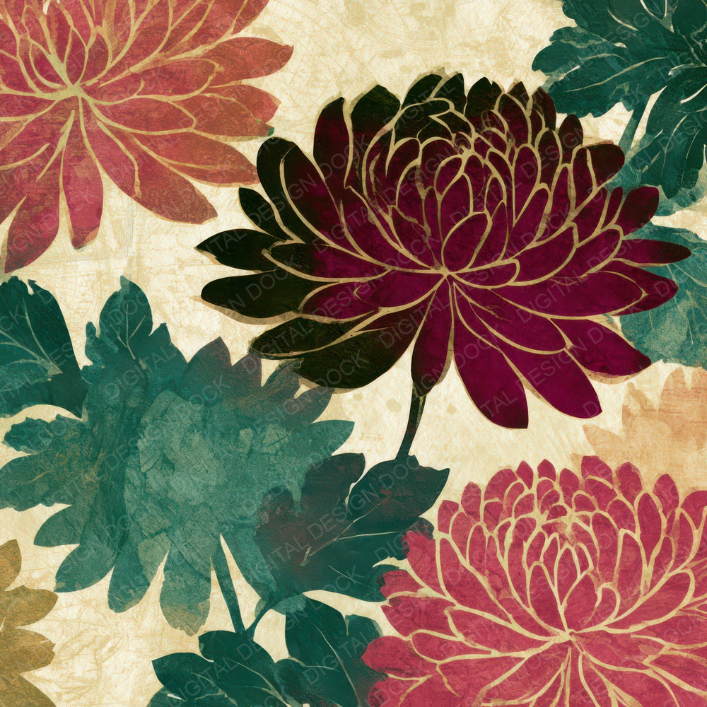 Papercut Chrysanthemums Malachite Burgundy Digital Paper Pack (DDD013553)