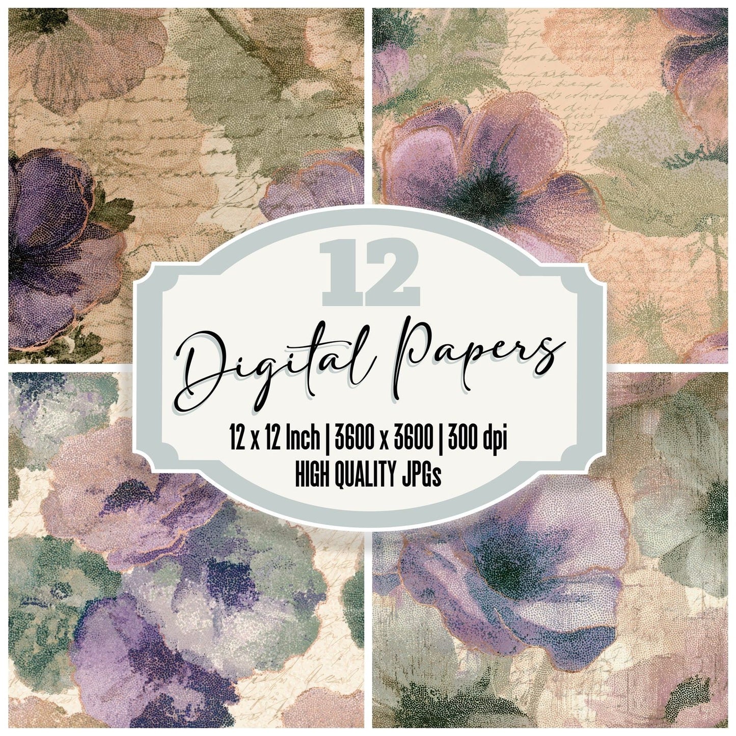 Pointillism Anemones Lilac Sage Digital Paper Pack (DDD013555)