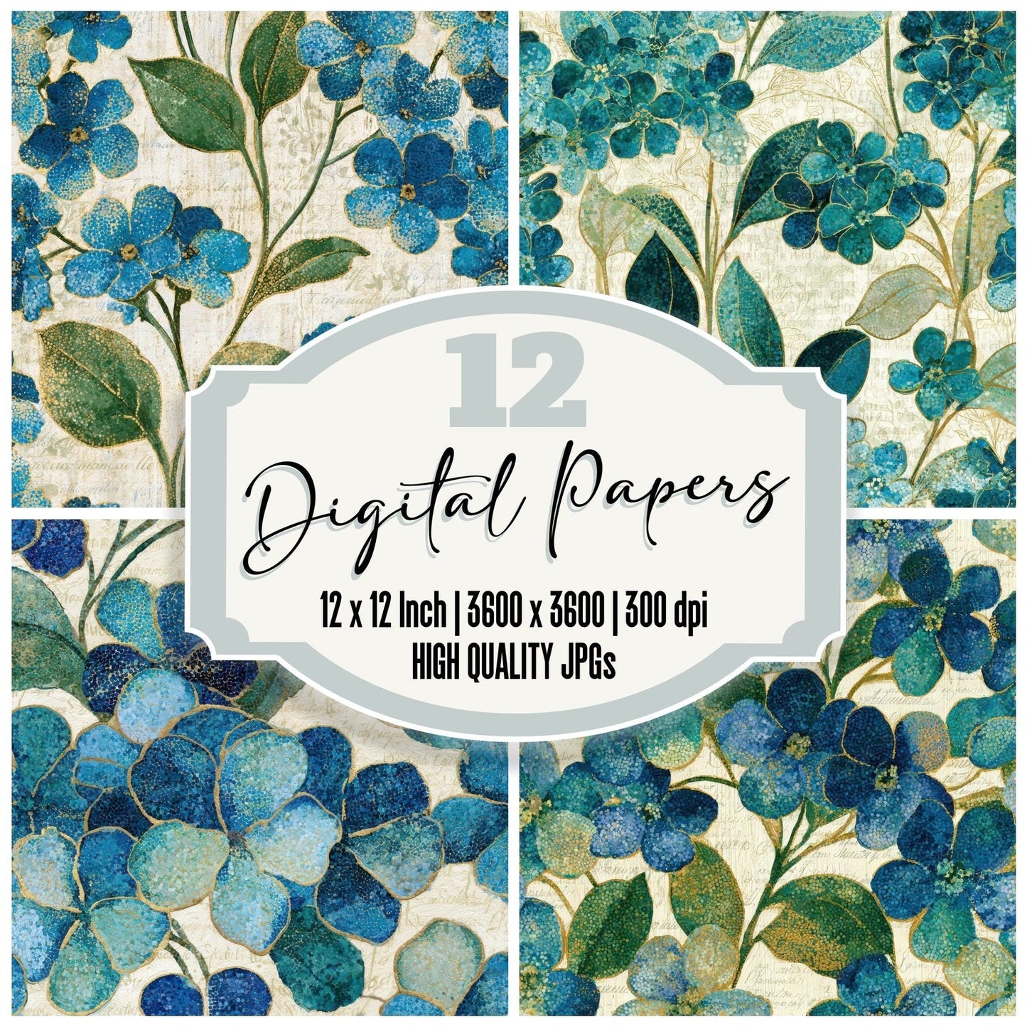 Pointillism Forget Me Nots Sea Glass Gold Digital Paper Pack (DDD013557)