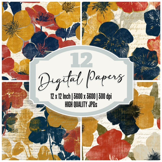 Screenprint Hellebores Mustard Navy Tomato Digital Paper Pack (DDD013559)