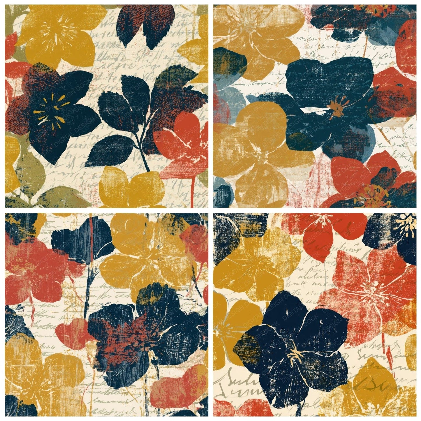 Screenprint Hellebores Mustard Navy Tomato Digital Paper Pack (DDD013559)