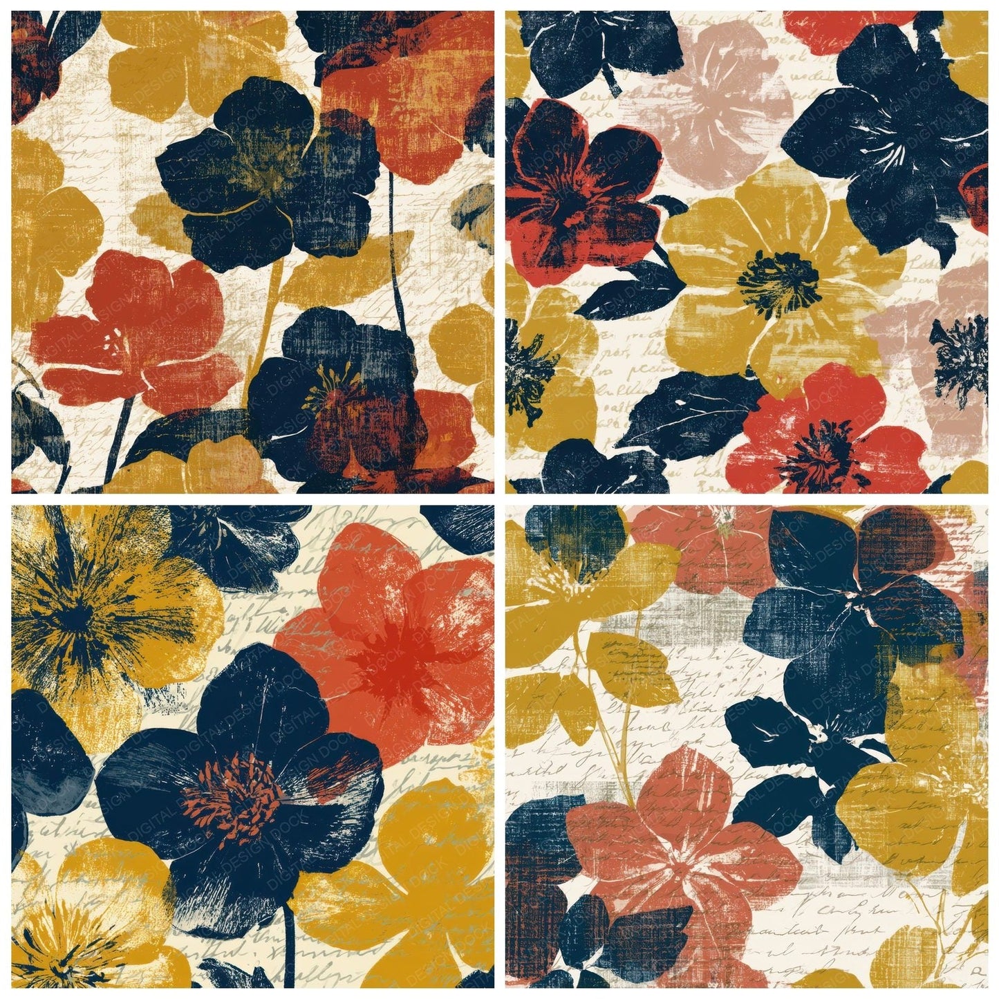 Screenprint Hellebores Mustard Navy Tomato Digital Paper Pack (DDD013559)