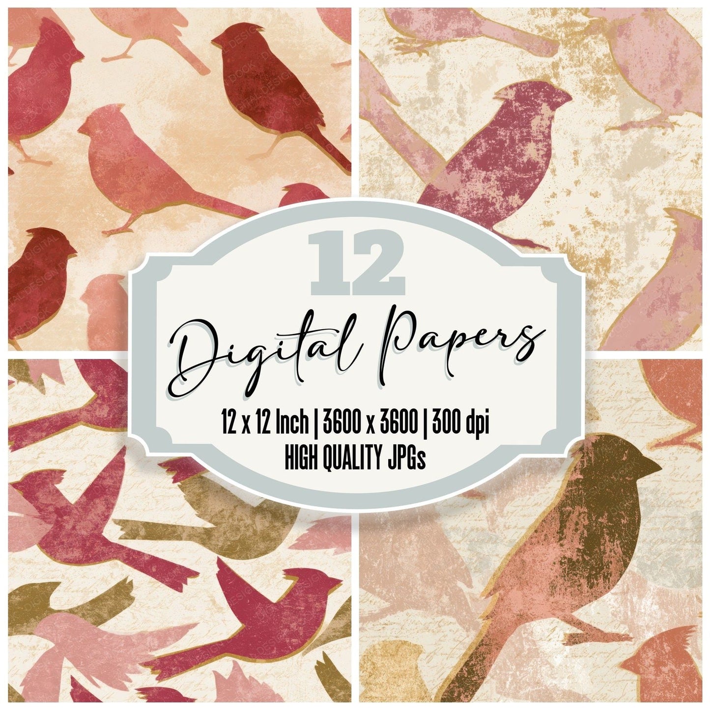 Woodblock Cardinals Dusty Pink Cream Digital Paper Pack (DDD013561)