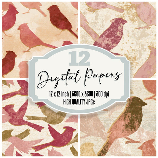 Woodblock Cardinals Dusty Pink Cream Digital Paper Pack (DDD013561)