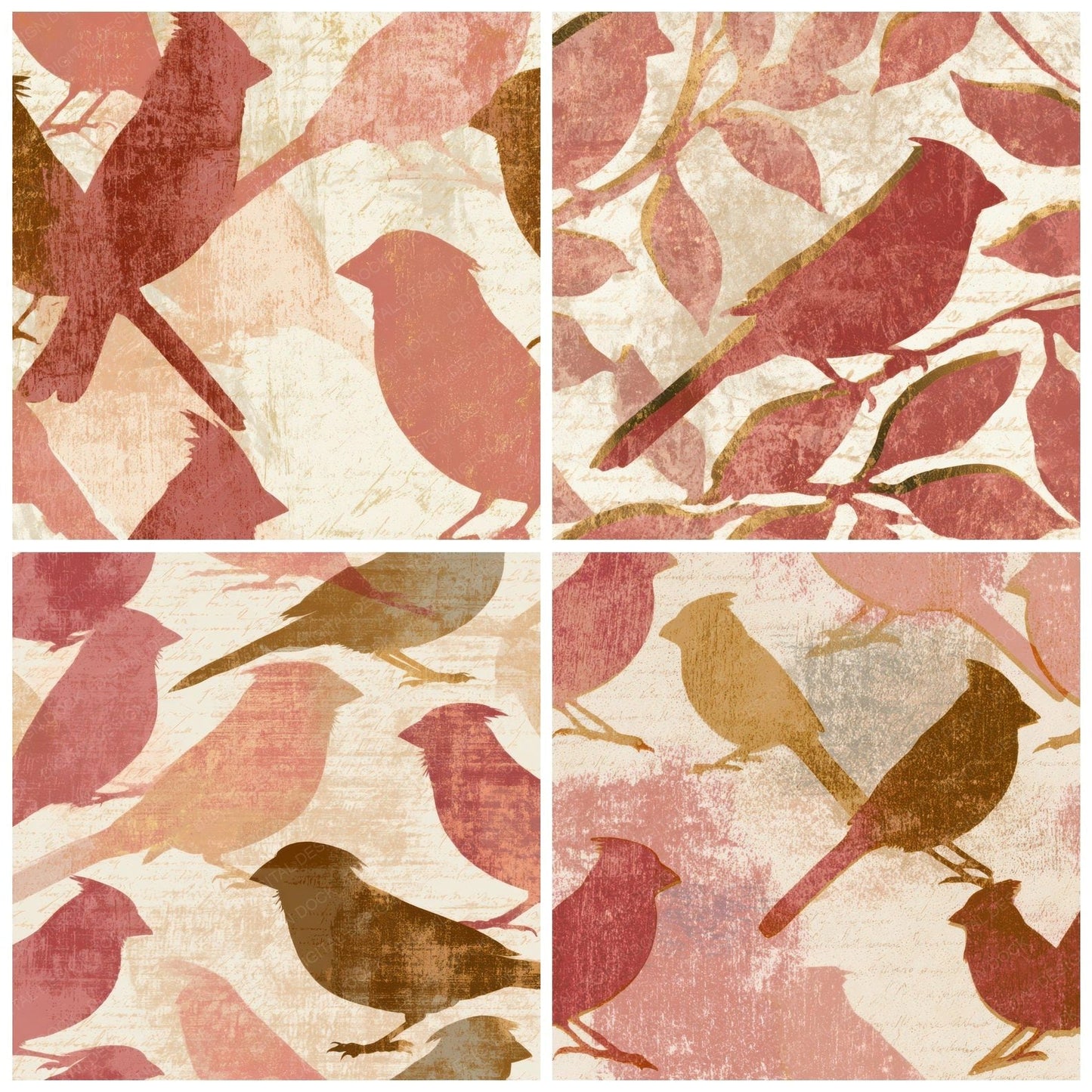 Woodblock Cardinals Dusty Pink Cream Digital Paper Pack (DDD013561)