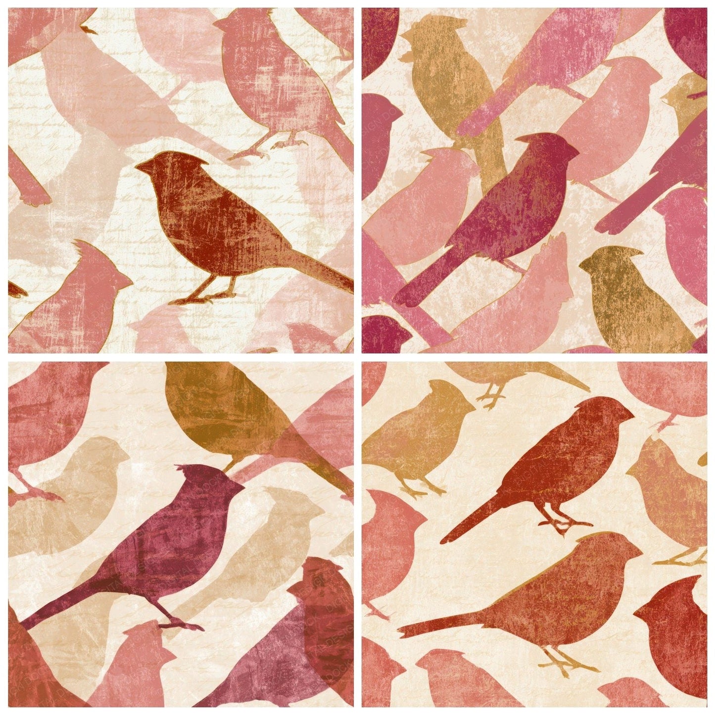 Woodblock Cardinals Dusty Pink Cream Digital Paper Pack (DDD013561)