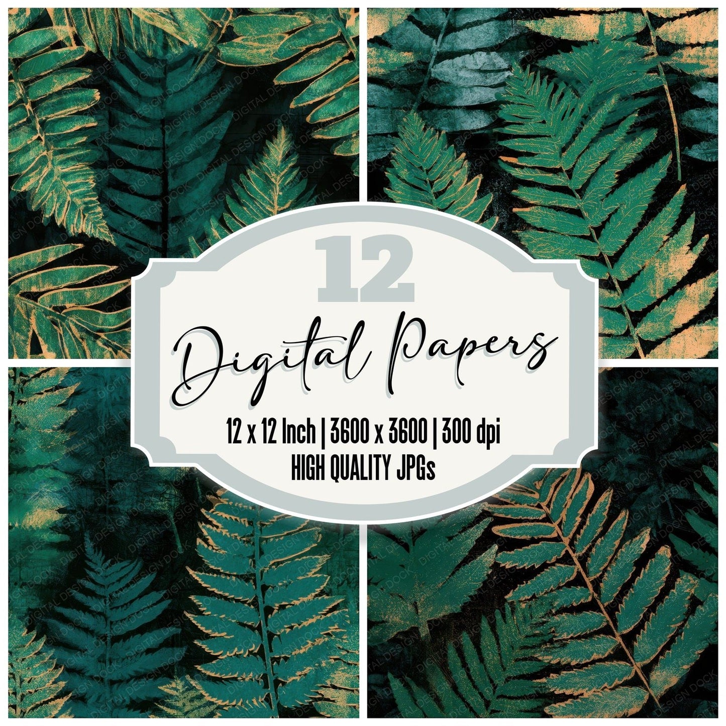 Woodblock Fern Emerald Chartreuse Seamless Digital Paper Pack (DDD013562)